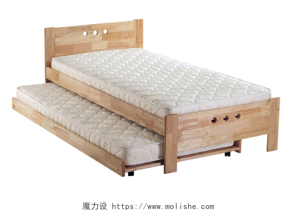 白色背景上的两层伸缩床垫木架用床垫把床拉开